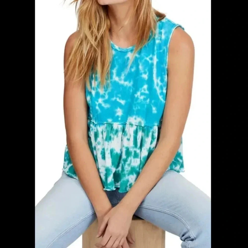 Free People We The Free Anytime Tie Dye Tank Top Blue Teal Waters Boho Top S